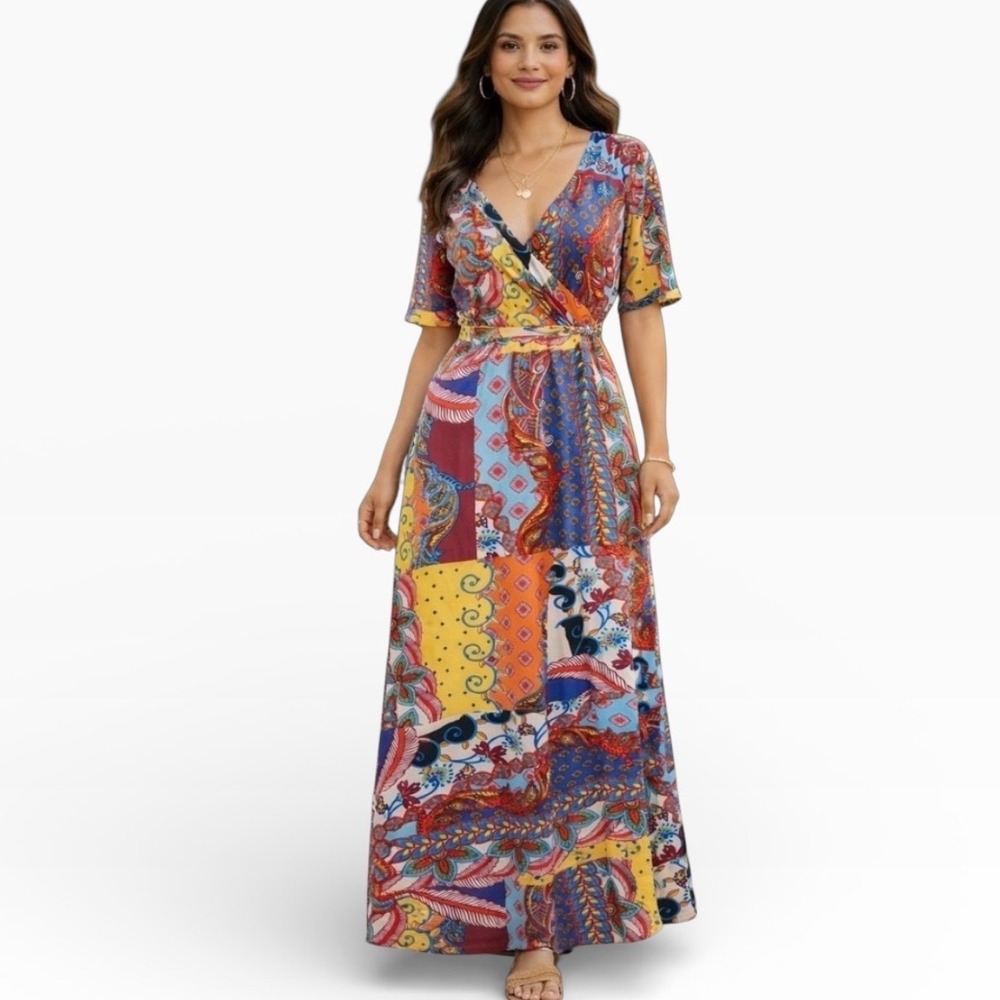 MAGIC Patchwork‎ Boho Maxi Dress V-Neck Short Sleeve Festival Vacation Size M